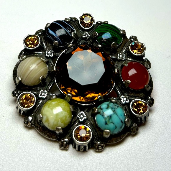 Vintage Signed Miracle Rhinestone Agate Stone Gemstone Glass Pin Brooch Pendant